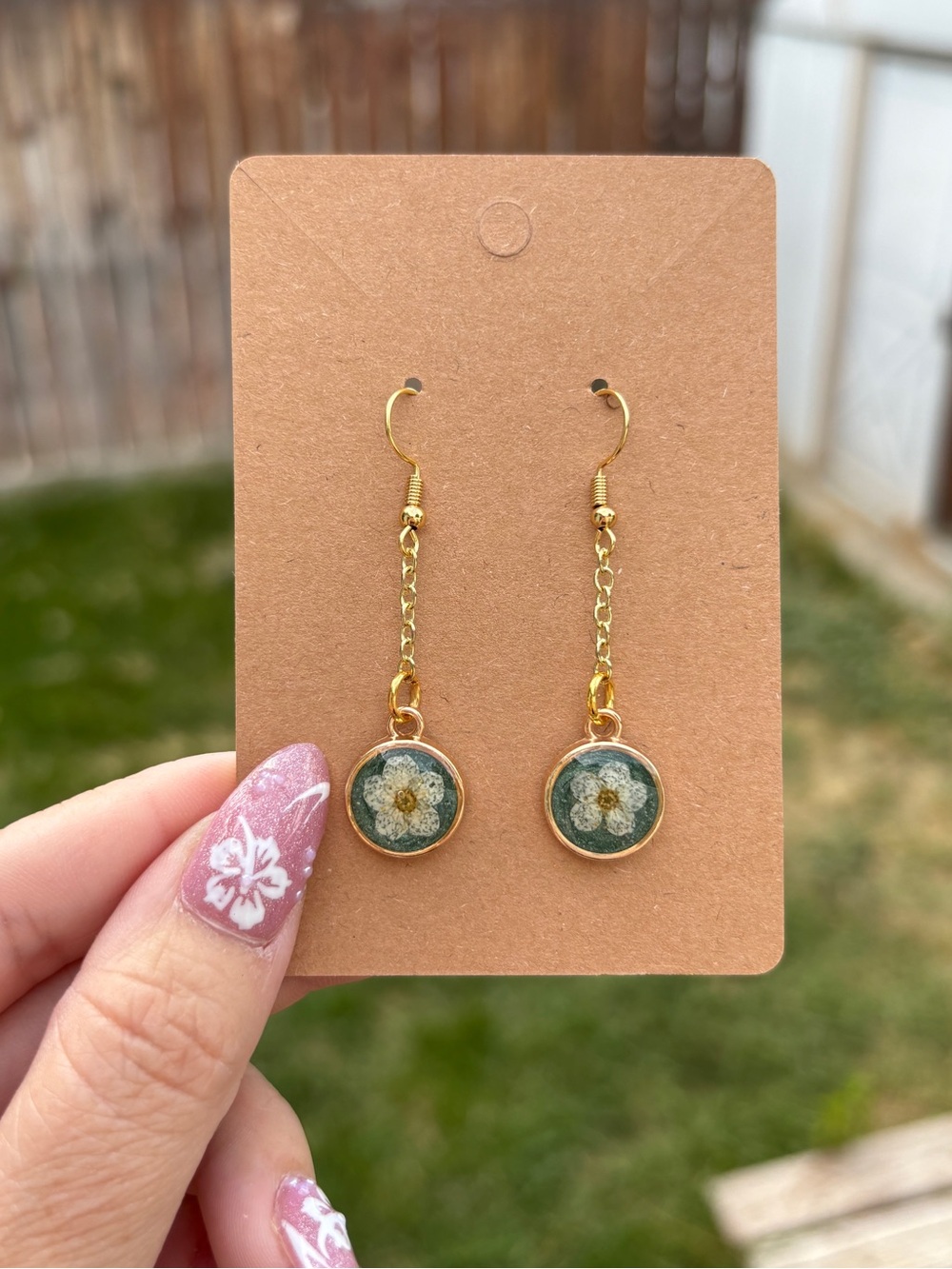 Handmade Gold Dangle Earrings with Green Floral Resin Inlay